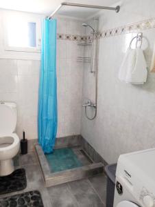 a bathroom with a shower with a blue shower curtain at Prasonisi villas in Karpathos +28 photos