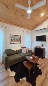 a living room with a green couch and a table at Cozy 1BR Tiny Home near Downtown and NB Rivers in New Braunfels