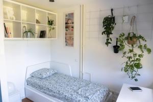 1 dormitorio con 1 cama y plantas en la pared en Kolareva - ZAG airport - self check in&out - shuttle service - free parking, en Velika Gorica