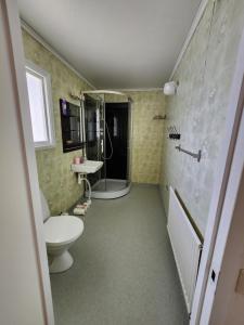 a bathroom with a toilet and a shower and a sink at Evita in Kosta +23 photos