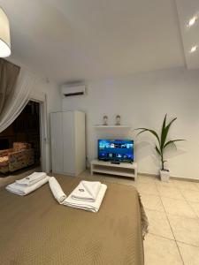 a living room with a flat screen tv and a rug at Luxury Living SKG 2 in Thessaloniki
