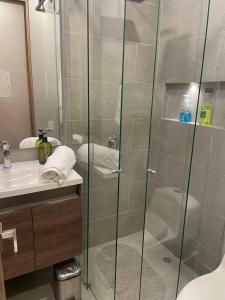a bathroom with a shower with a glass door at Hermoso Apartaestudio LOFT in Bogotá