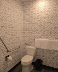 a bathroom with a white toilet and a wall at Sternwheeler Hotel & Conference Centre, Trademark by Wyndham in Whitehorse