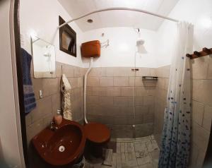 a small bathroom with a toilet and a shower at Pousada do Arthur in Ilha do Mel +40 photos