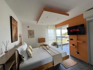 a bedroom with a bed with a television on the wall at Ibis studio 2 in Cayenne