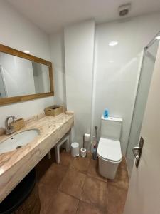 a bathroom with a sink and a toilet and a mirror at Atico la piramide en primera 1º línea de mar in Vinarós +52 photos