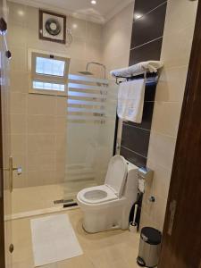 a bathroom with a toilet and a shower at Rove Appartments in Taif