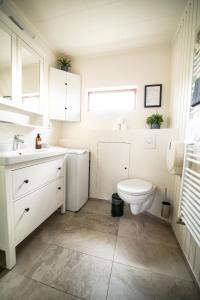 a white bathroom with a toilet and a sink at North Inn - Guesthouse and Cabin in Akureyri +52 photos