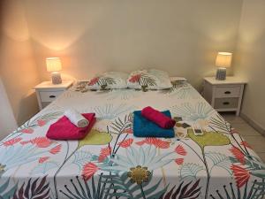 a bedroom with a bed with two pillows on it at Orchidée, Spacieux & Vue mer in Les Trois-Îlets
