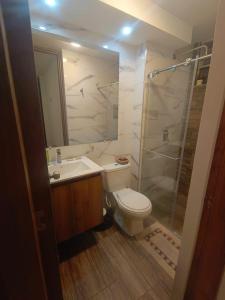 Cómodo Apartamento turístico Paipa في بايبا: حمام مع مرحاض ومغسلة ودش