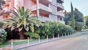 a street in front of a pink building with a palm tree at Central Residence in Portorož +17 photos