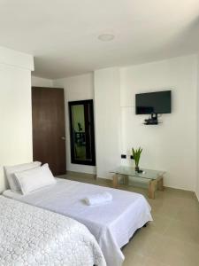 a bedroom with a bed and a flat screen tv at Apartahotel MKS Caribe in San Andrés
