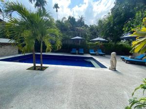 a pool with chairs and a palm tree in a yard at Kebun Rohani Cottages in Senggigi