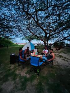 a group of people sitting at a table under a tree at Yala Oruwella Beach Camping & Restaurants in Tissamaharama