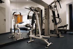 a gym with three tread machines in a room at Hozam Wellness és Apartman in Szolnok