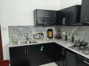 a kitchen with black cabinets and a sink and a stove at Pacifier Residence in Kandy