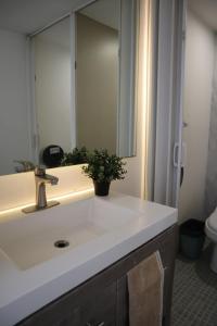 a bathroom with a white sink and a mirror at Hermosa Habitación con balcon cama mat y litera Polanco in Mexico City +9 photos