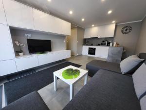 a living room with a couch and a table at Apartamenty Kacper Grzybowo in Grzybowo