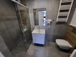 a bathroom with a toilet and a sink and a shower at Apartamenty Kacper Grzybowo in Grzybowo +33 photos