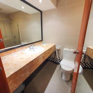 a bathroom with a sink and a toilet and a mirror at Parkview Hotel in Kampong Jerudong