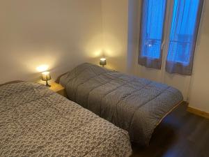 een slaapkamer met 2 bedden en 2 lampen op tafels bij Val-locations thermes 5 in Le Mont-Dore