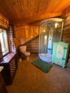 Un baño con ducha y WC en una cabina. en Cabana vânătorului, en Râșnov 35 fotos más