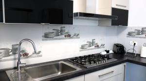 a kitchen with a sink and a stove at VILA DAVELY in Câmpulung Moldovenesc