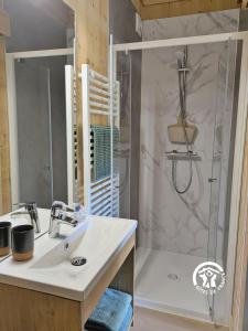 a bathroom with a sink and a shower at Chalet 23 Le Moulin, Camping de Coupeau, 4 personnes in Saint-Berthevin