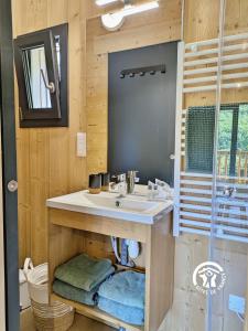 a bathroom with a sink and a shower at Chalet 23 Le Moulin, Camping de Coupeau, 4 personnes in Saint-Berthevin