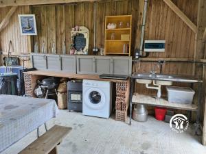 a laundry room with a sink and a washing machine at La Janvrie, 5 personnes in La Rouaudière
