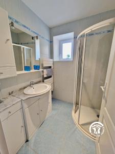 a bathroom with a sink and a shower at Gîte de Montgiroux, jusqu'à 5-6 personnes in Alexain