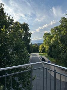 Blick auf eine Straße mit Bäumen und einem Zaun in der Unterkunft Villa Pauline - FeWo Bretagne in Bad Sooden-Allendorf