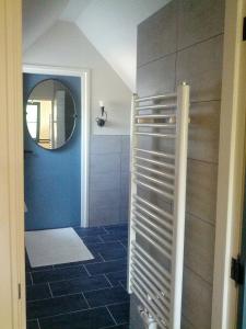 ein Bad mit einer Dusche mit einem Spiegel und blauen Wänden in der Unterkunft Vakantie appartement in dorpskern in Diever