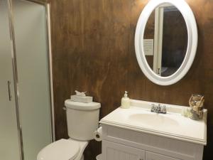a bathroom with a toilet and a sink and a mirror at Orchard View Bed and Breakfast in Moose Jaw +43 photos