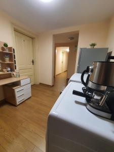 a kitchen with a stove with a pot on top of it at Glavnata Kapana Plovdiv Center in Plovdiv