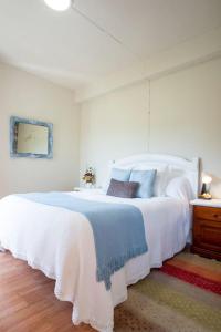 a bedroom with a white bed with a blue blanket at La Casa de Ethel en norte de España VV-2427-AS in Cangas de Onís
