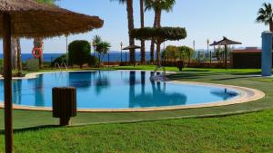 a large swimming pool in the grass with an umbrella at Apartamento Punta Glea in Orihuela Costa
