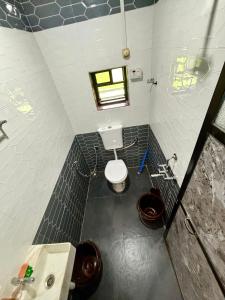 a bathroom with a toilet and a sink and a window at Siddhi Farm Kolad in Kolād