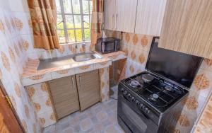 a small kitchen with a stove and a sink at Bremu Home - Near jkia airport in Nairobi