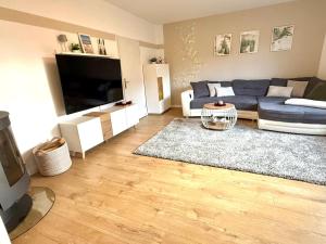a living room with a couch and a television at Idyllisches Dorfhaus vor Usedom in Gützkow