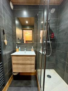 een badkamer met een wastafel en een douche bij RPP C213 - Charmant appt 4pers-Ski aux pieds in Tignes +18 foto's