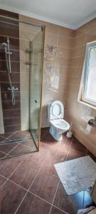 a bathroom with a toilet and a glass shower at Pension Klarissa in Sovata +15 photos