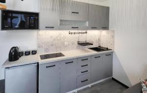 une cuisine avec des armoires blanches, un évier et un micro-ondes dans l'établissement 2 Bedroom Gorgeous Home In Wytowno - Ppl971, à Wytowno