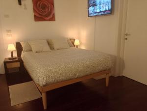 a bed in a room with two lamps and a television at Monolocale zona del prosecco in Moriago della Battaglia