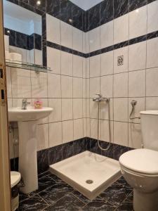 a bathroom with a shower and a toilet and a sink at Vasilis & Nikolas Studios in Limenas