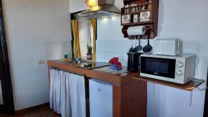 cocina con encimera, microondas y fregadero en Ferienwohnung mit Meerblick, en El Guincho