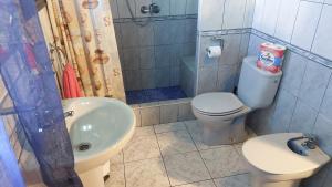 a bathroom with a toilet and a sink and a shower at Moderne Ferienwohnung mit privatem Balkon sowie Meer- und Gebirgsblick in Icod de los Vinos