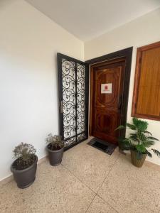 a door with three potted plants in front of it at Lune Rouge Rooms in Marrakech