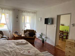 a bedroom with a bed and a living room at Apartmán Pod Jánským Vrchem in Javorník