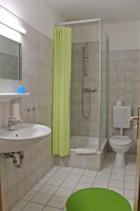 ein Bad mit einem Waschbecken, einer Dusche und einem WC in der Unterkunft Reitanlage Plath in Timmendorf